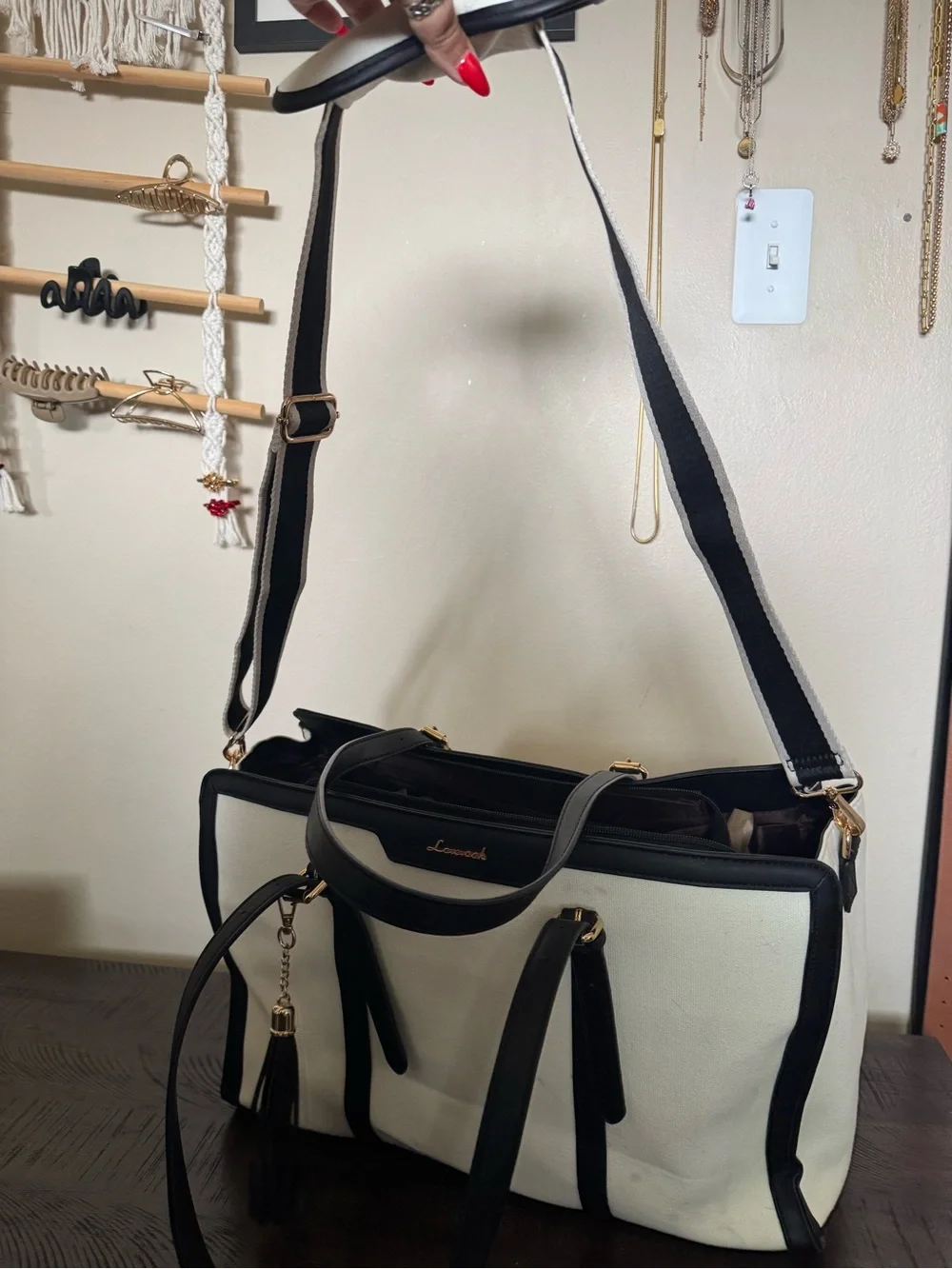 LOVEVOOK Canvas Laptop Tote Teacher Work Bag Black Cream-White